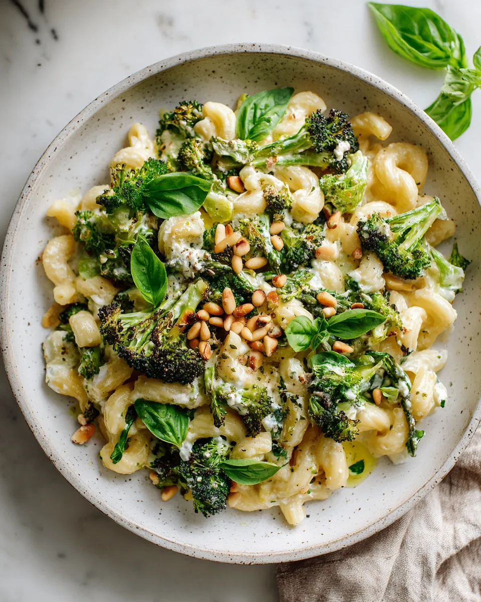 Delicious goat cheese pasta with broccoli and pine nuts cooked on stovetop, perfect for holiday dining
