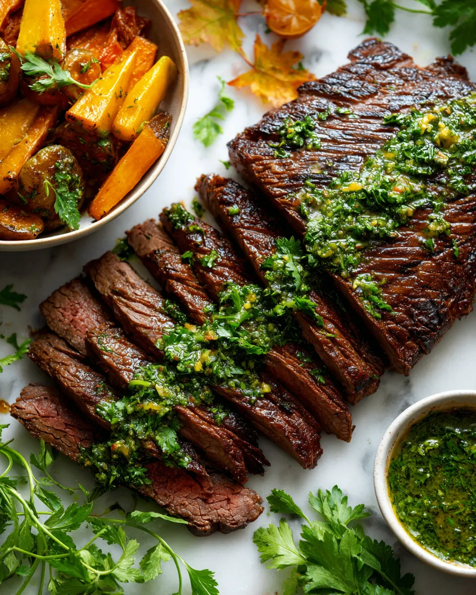 Grilled flank steak topped with chimichurri sauce, perfect for holiday gatherings