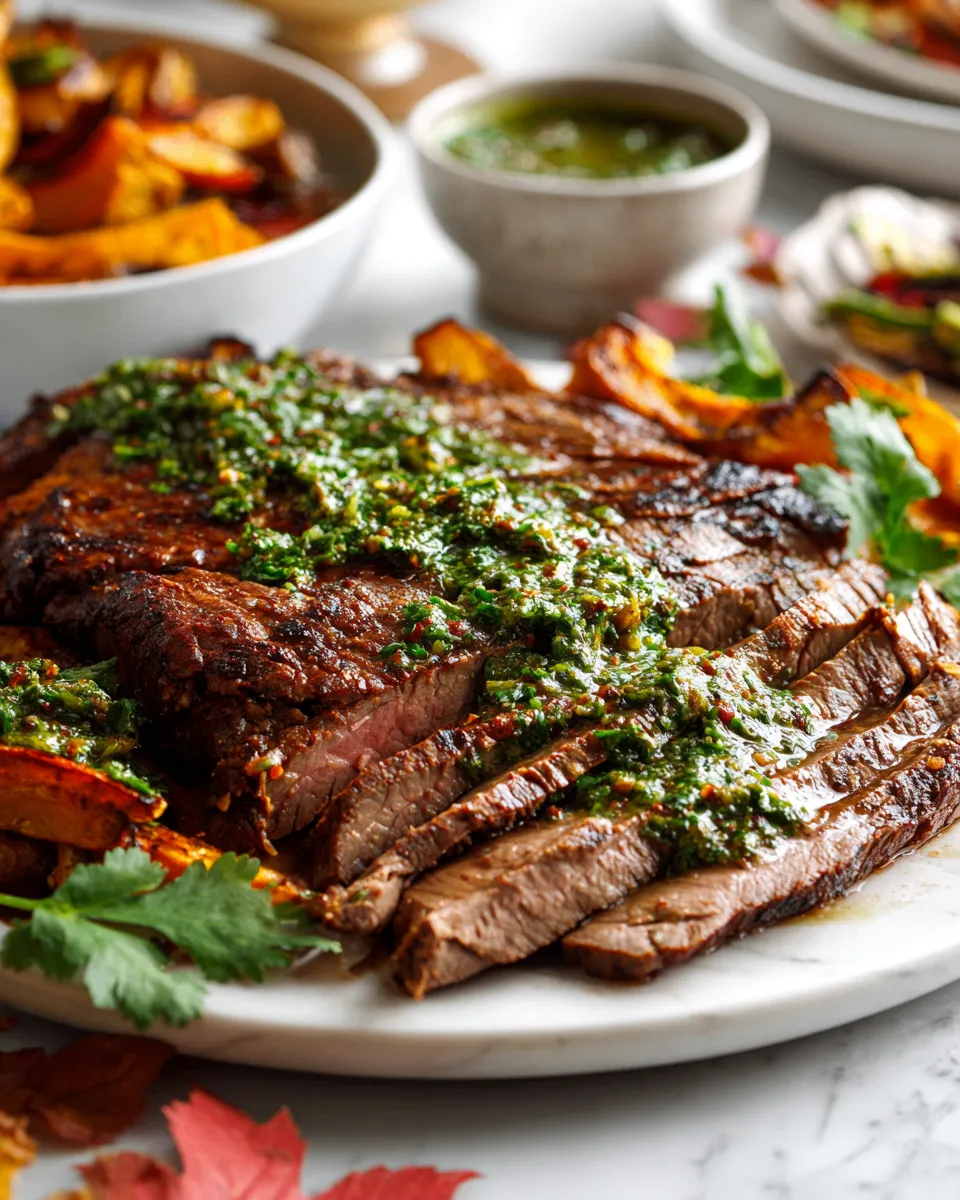 Grilled flank steak topped with chimichurri sauce, perfect for holiday gatherings