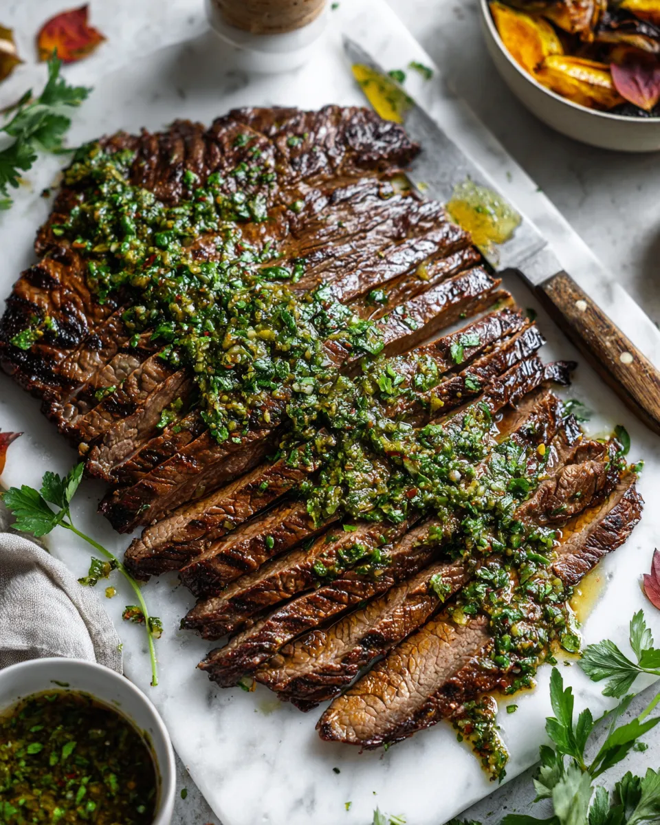 Grilled flank steak topped with chimichurri sauce, perfect for holiday gatherings