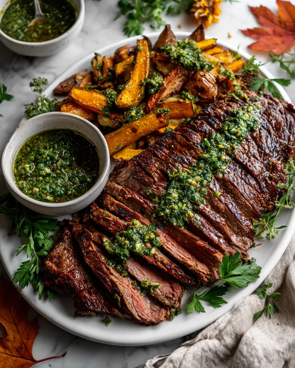 Grilled flank steak topped with chimichurri sauce, perfect for holiday gatherings