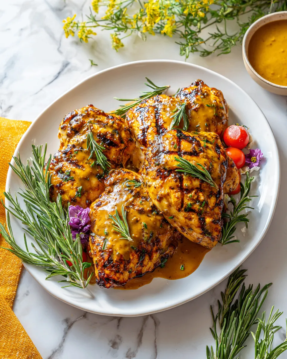 Grilled Honey Mustard Chicken with herbs garnished, perfect for family gatherings.