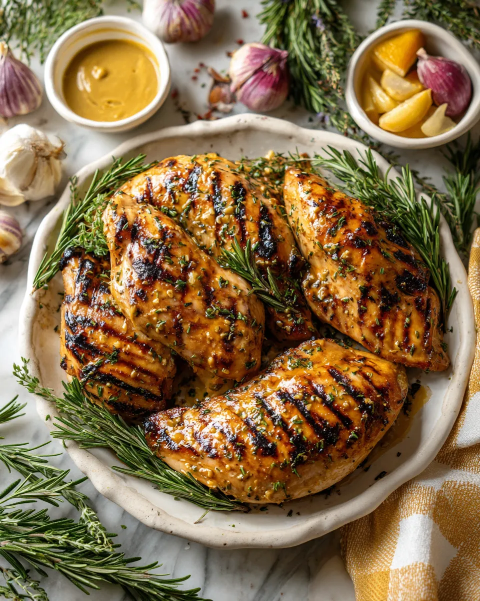 Grilled Honey Mustard Chicken with herbs garnished, perfect for family gatherings.