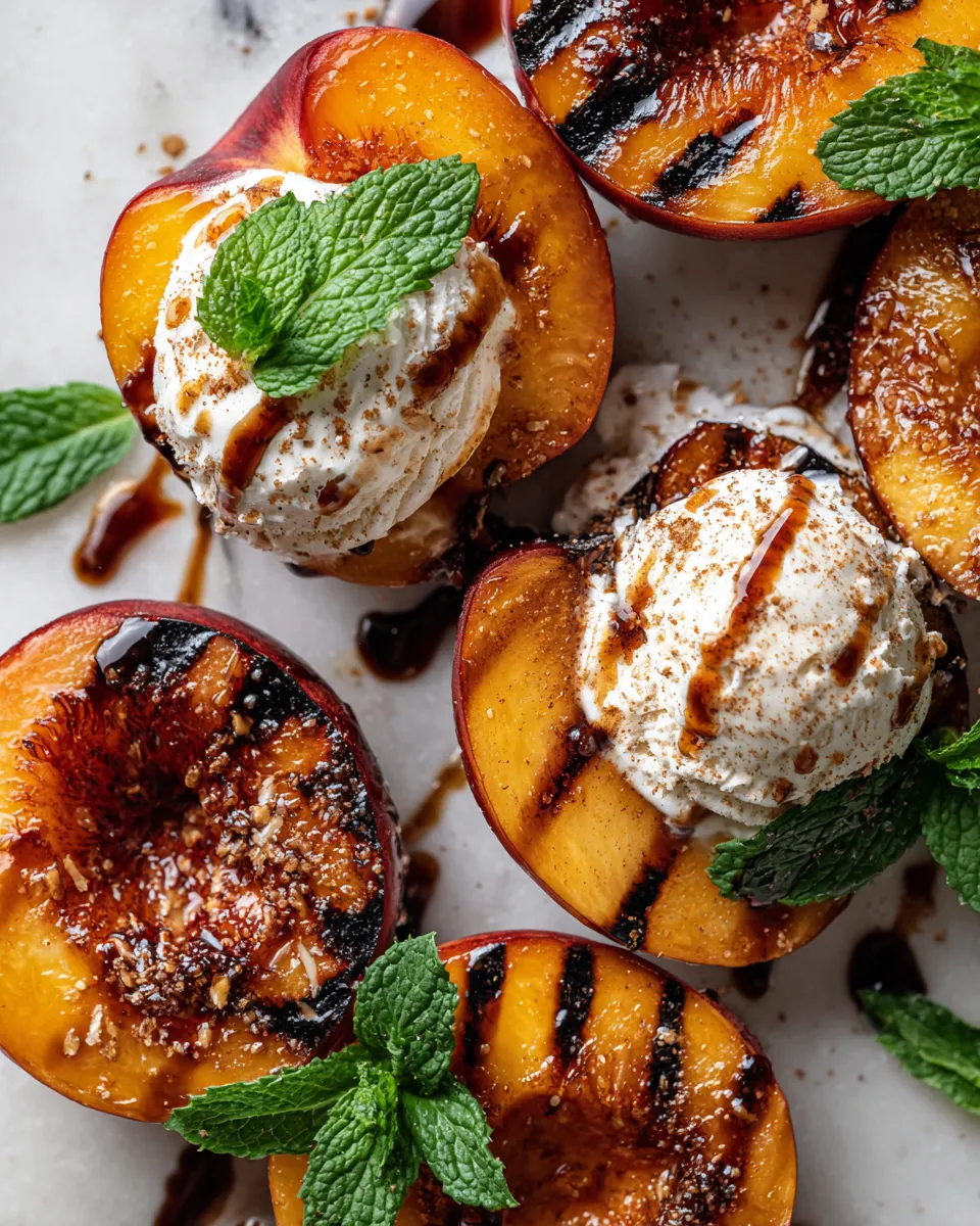 Warm grilled peaches dessert served with ice cream, perfect autumn recipe for quick and delicious treats.