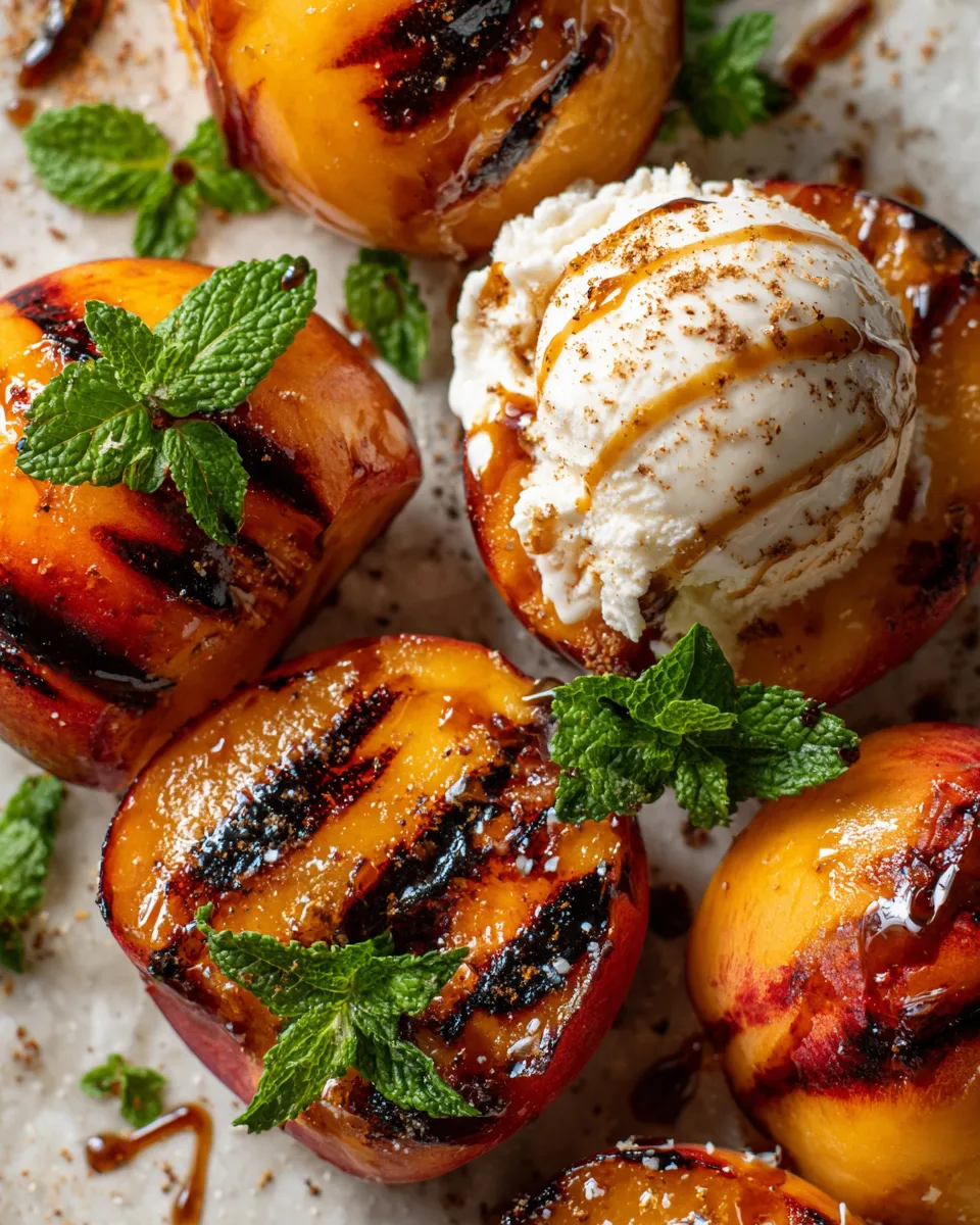 Warm grilled peaches dessert served with ice cream, perfect autumn recipe for quick and delicious treats.