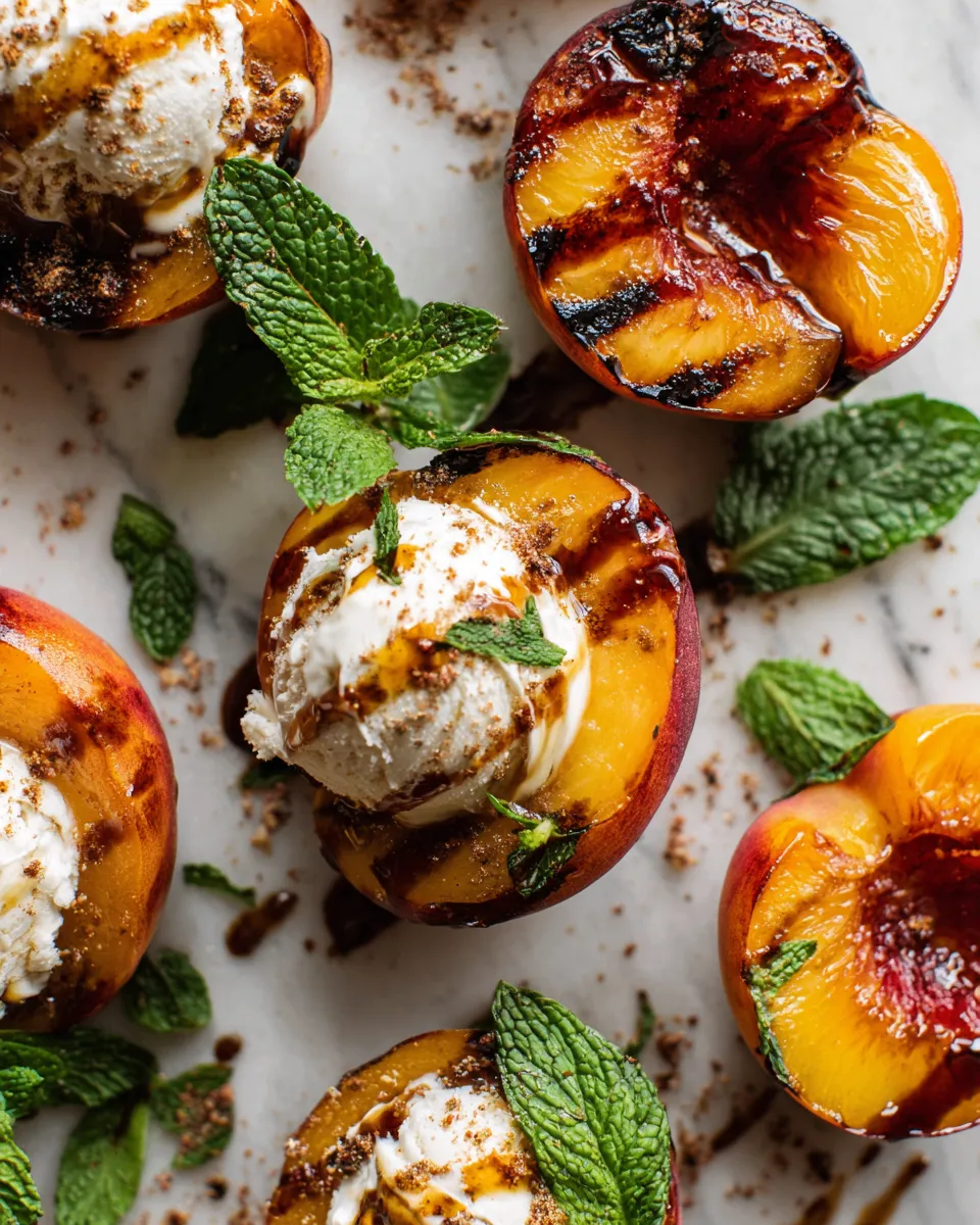 Warm grilled peaches dessert served with ice cream, perfect autumn recipe for quick and delicious treats.