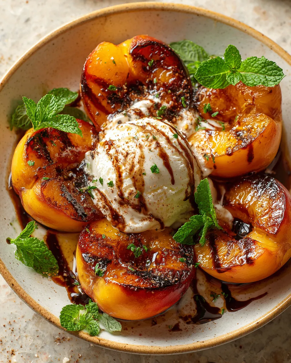 Warm grilled peaches dessert served with ice cream, perfect autumn recipe for quick and delicious treats.