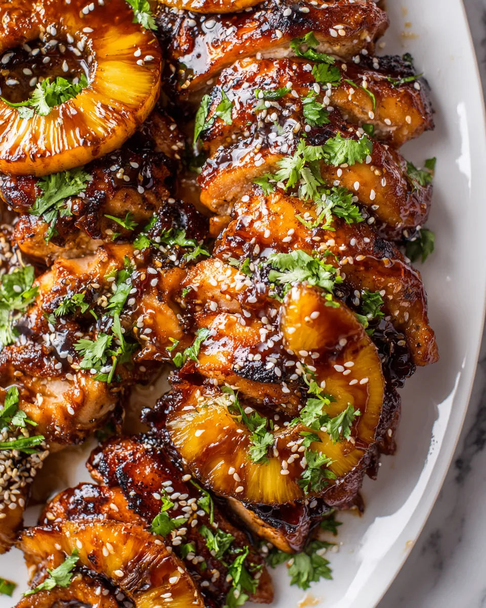 Grilled pineapple teriyaki chicken served with fresh herbs, showing vibrant colors and delicious textures for a festive holiday meal.