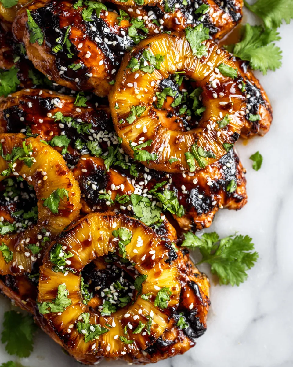 Grilled pineapple teriyaki chicken served with fresh herbs, showing vibrant colors and delicious textures for a festive holiday meal.