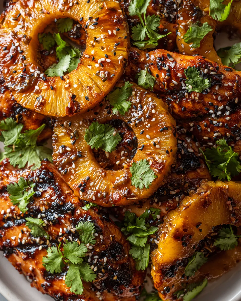 Grilled pineapple teriyaki chicken served with fresh herbs, showing vibrant colors and delicious textures for a festive holiday meal.