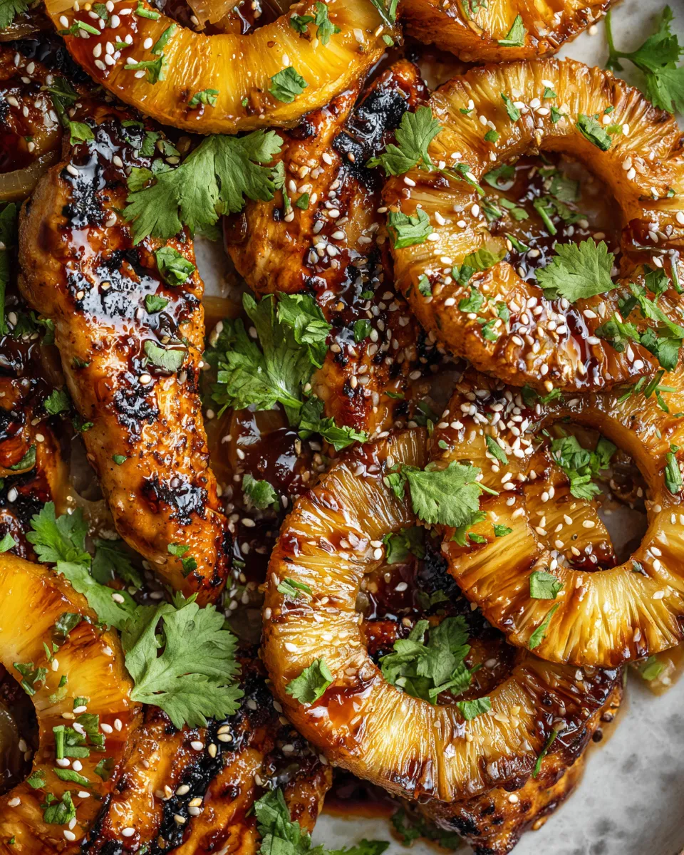 Grilled pineapple teriyaki chicken served with fresh herbs, showing vibrant colors and delicious textures for a festive holiday meal.