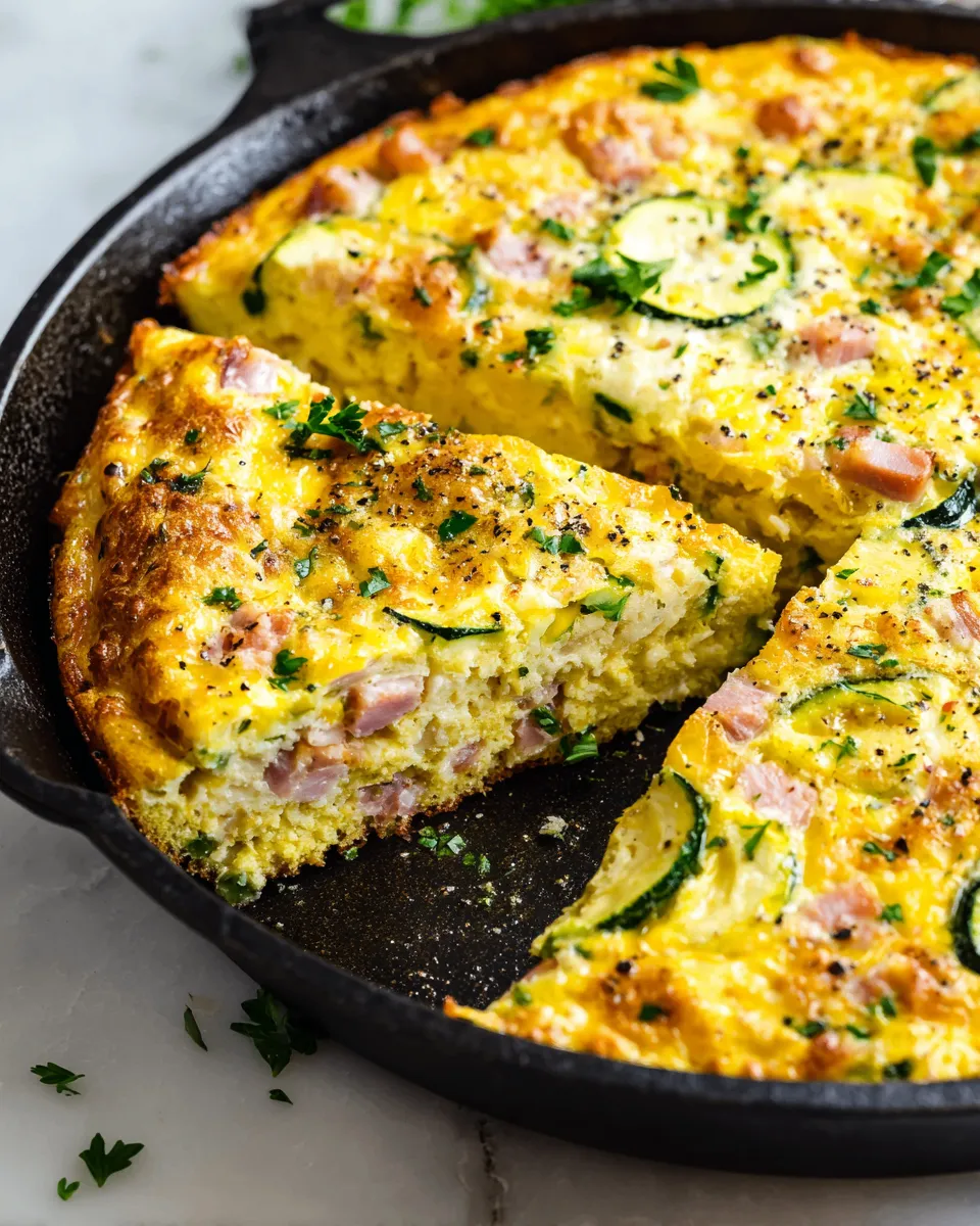 Delicious Ham and Cheddar Zucchini Frittata ready for serving, perfect for brunch gatherings, featuring rich flavors and vibrant colors.