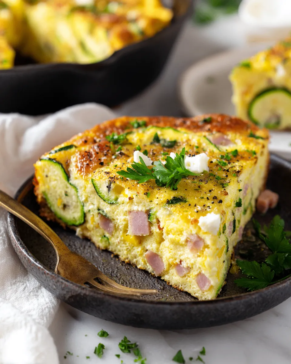 Delicious Ham and Cheddar Zucchini Frittata ready for serving, perfect for brunch gatherings, featuring rich flavors and vibrant colors.