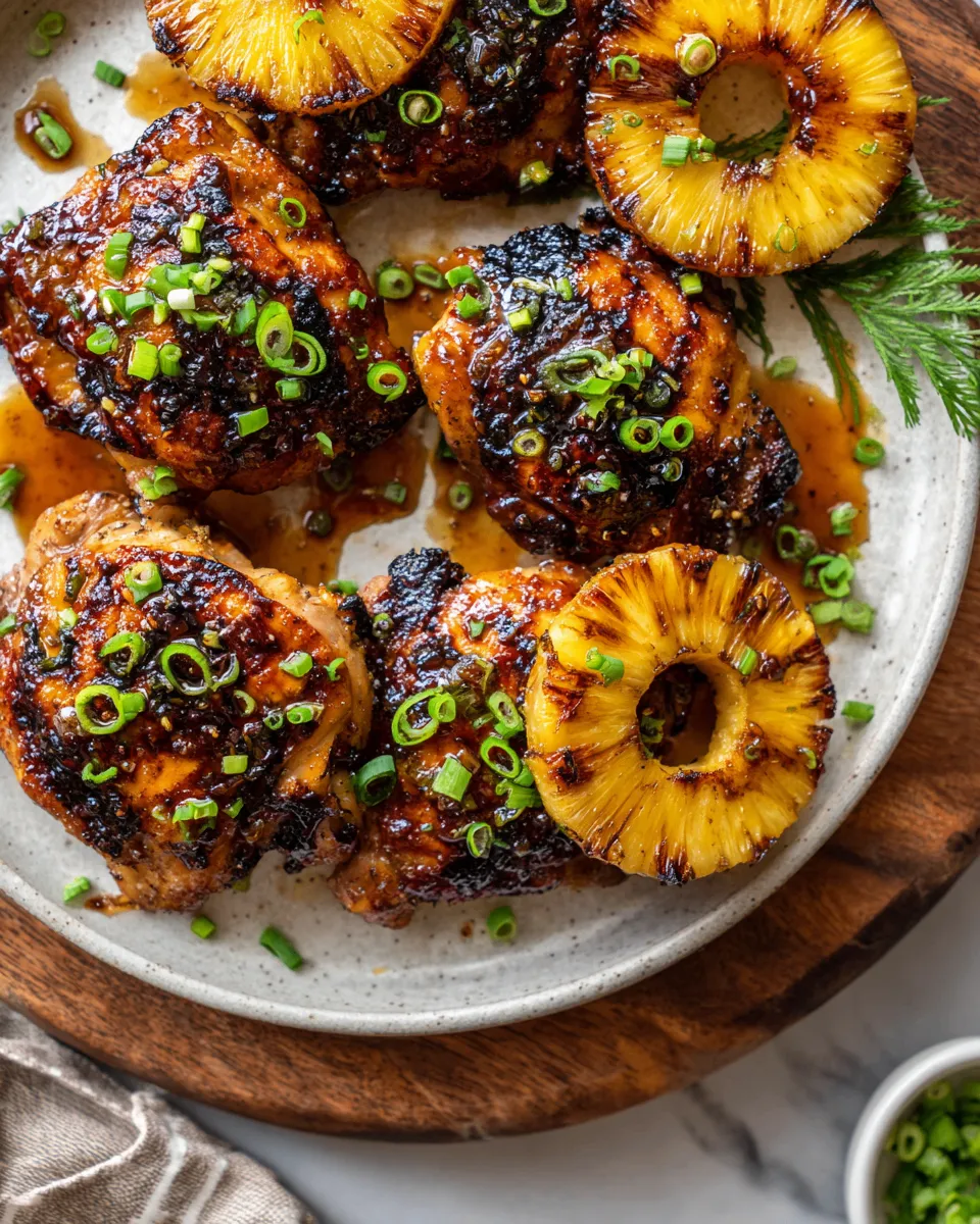 Grilled Hawaiian chicken thighs served with caramelized pineapple, showcasing tropical flavors and a sweet marinade perfect for any occasion.