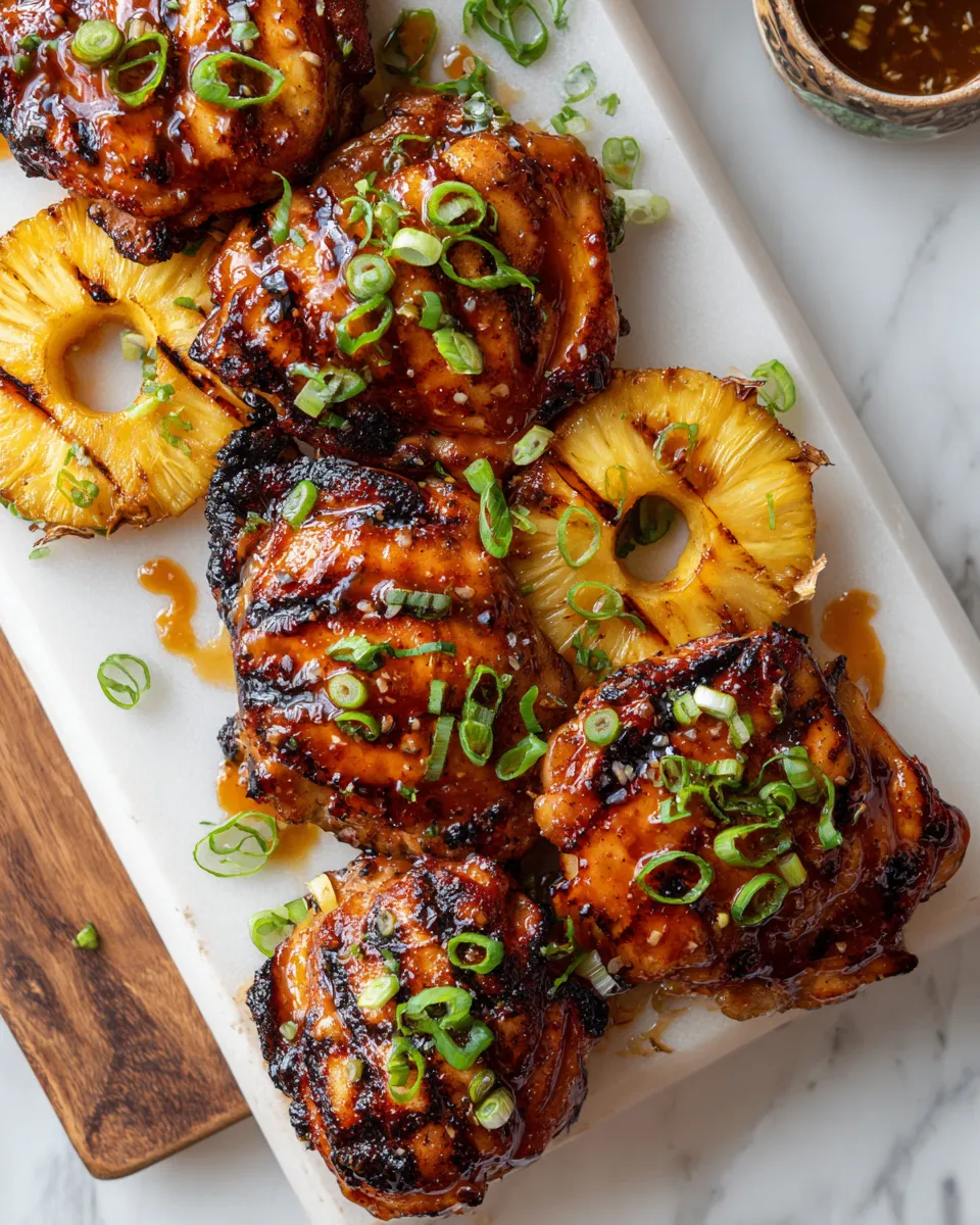 Grilled Hawaiian chicken thighs served with caramelized pineapple, showcasing tropical flavors and a sweet marinade perfect for any occasion.
