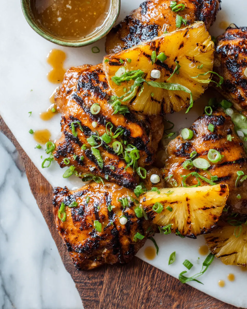 Grilled Hawaiian chicken thighs served with caramelized pineapple, showcasing tropical flavors and a sweet marinade perfect for any occasion.