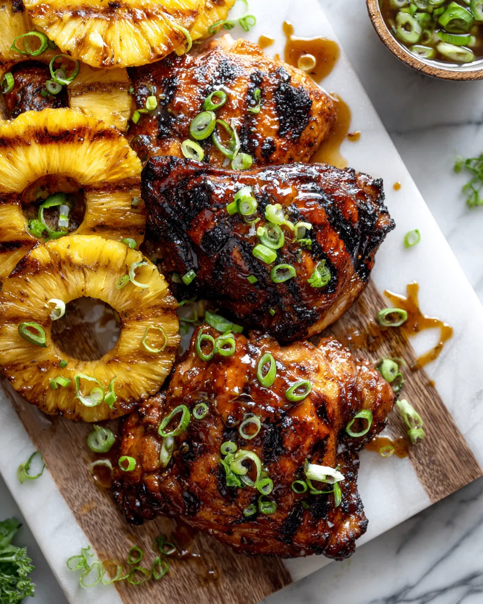 Grilled Hawaiian chicken thighs served with caramelized pineapple, showcasing tropical flavors and a sweet marinade perfect for any occasion.