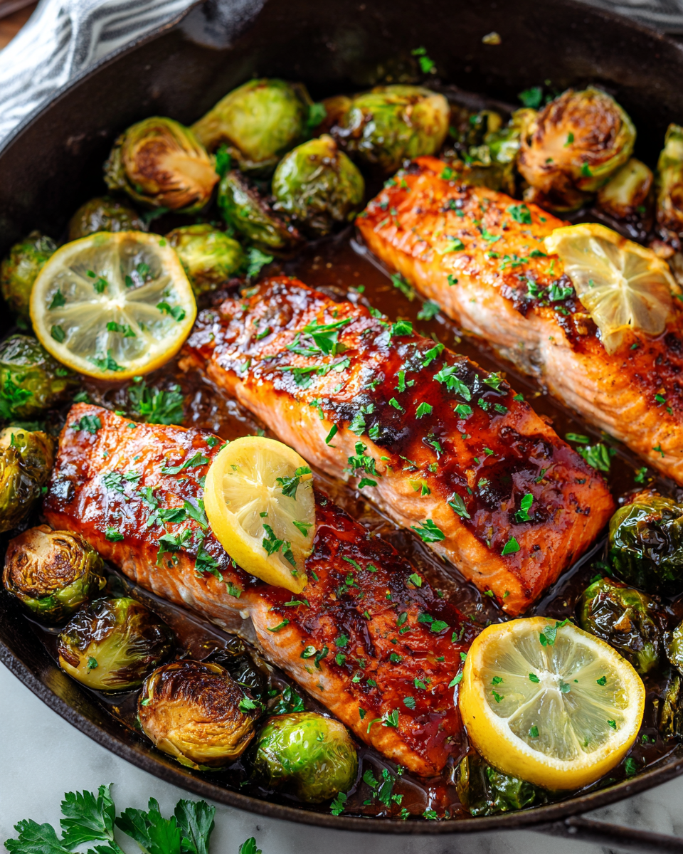 Delicious honey garlic salmon with roasted Brussels sprouts, perfect for quick weeknight dinners or cozy holiday meals.