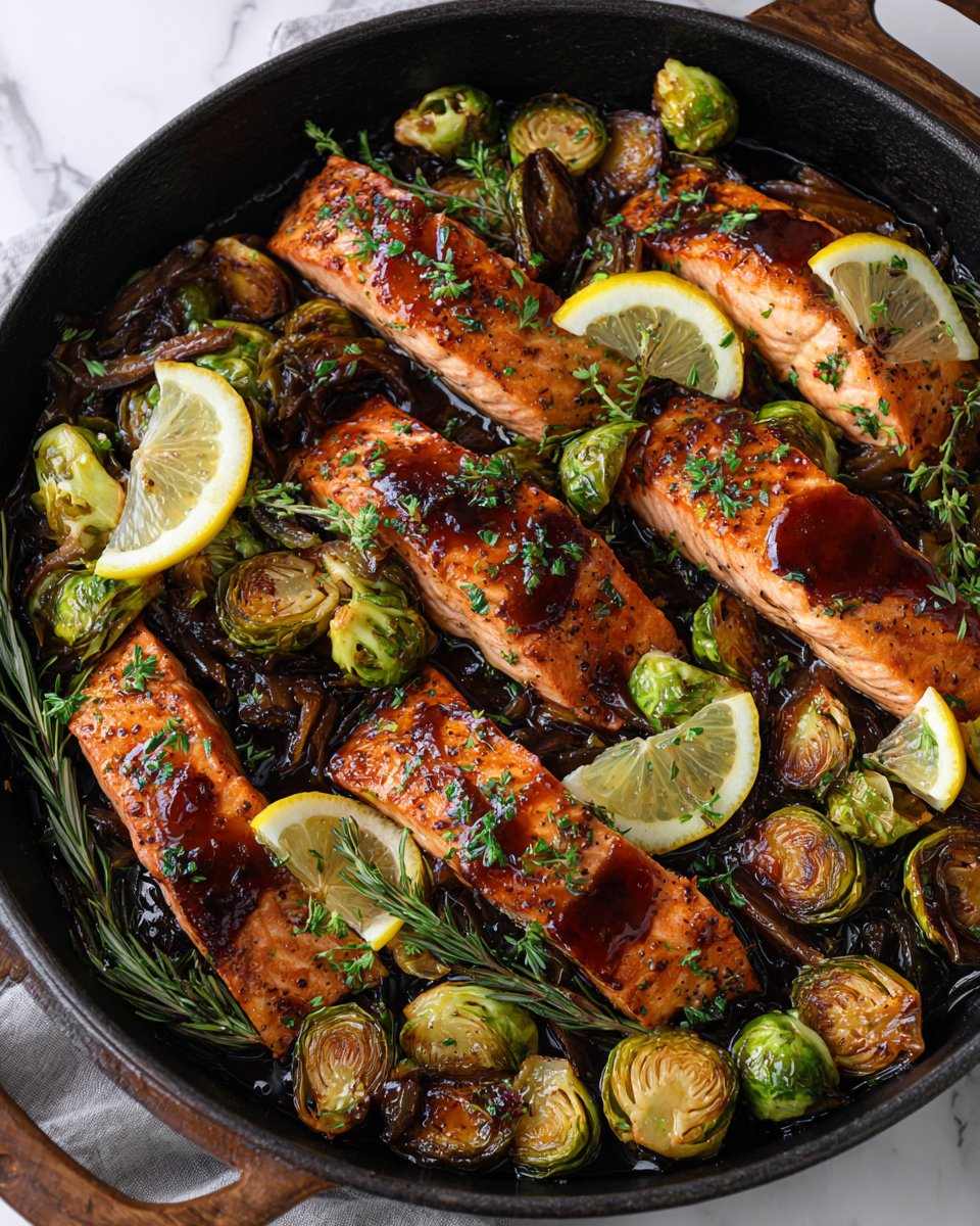 Delicious honey garlic salmon with roasted Brussels sprouts, perfect for quick weeknight dinners or cozy holiday meals.