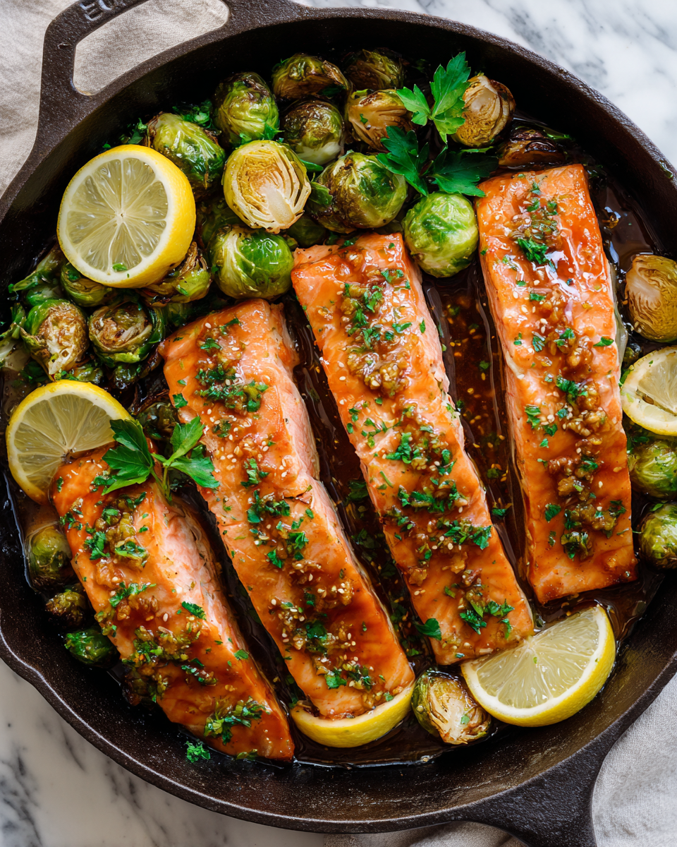 Delicious honey garlic salmon with roasted Brussels sprouts, perfect for quick weeknight dinners or cozy holiday meals.