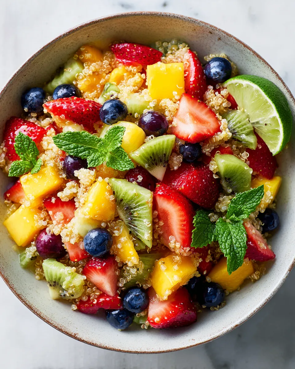 Colorful honey lime quinoa fruit salad with seasonal fruits like strawberries, blueberries, and mango, garnished with mint.