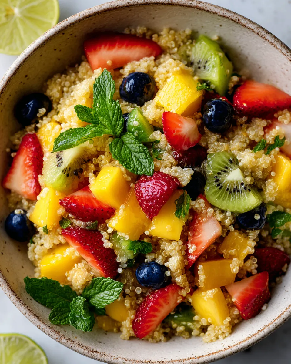 Colorful honey lime quinoa fruit salad with seasonal fruits like strawberries, blueberries, and mango, garnished with mint.