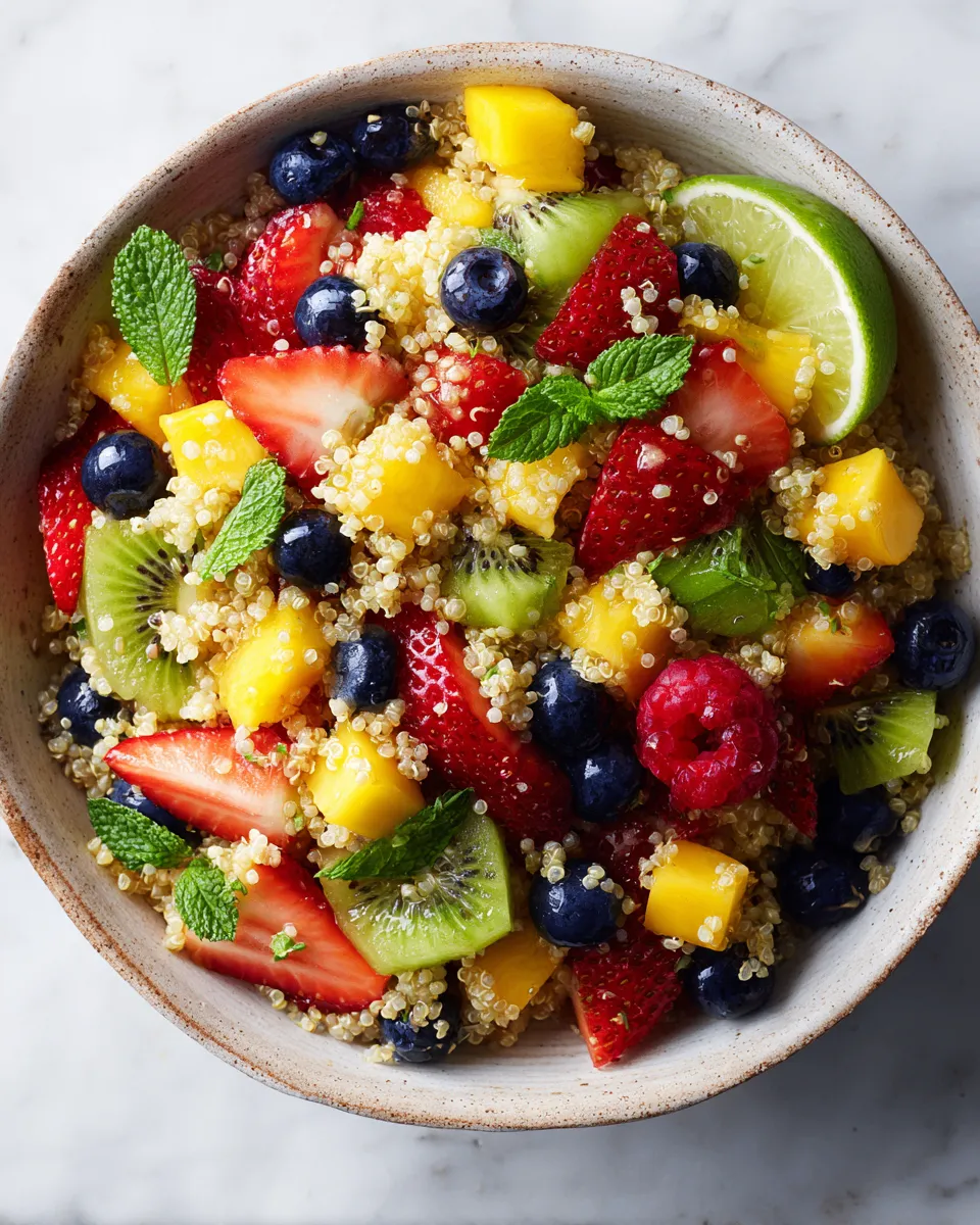 Colorful honey lime quinoa fruit salad with seasonal fruits like strawberries, blueberries, and mango, garnished with mint.