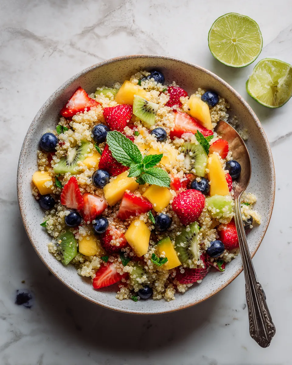 Colorful honey lime quinoa fruit salad with seasonal fruits like strawberries, blueberries, and mango, garnished with mint.