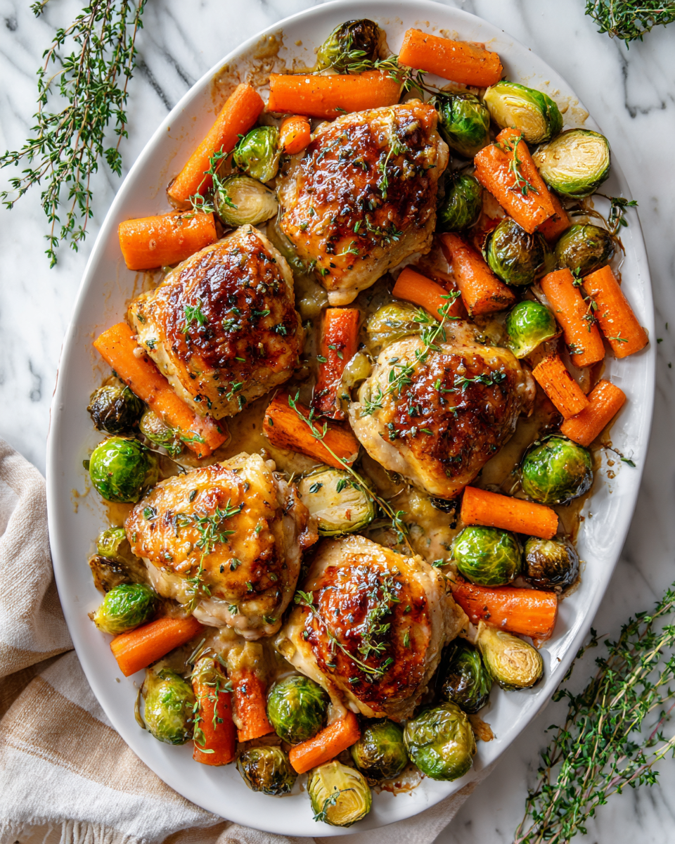 One-pan honey mustard chicken baked with roasted vegetables, perfect for holiday meals. Easy recipe for a cozy dinner.