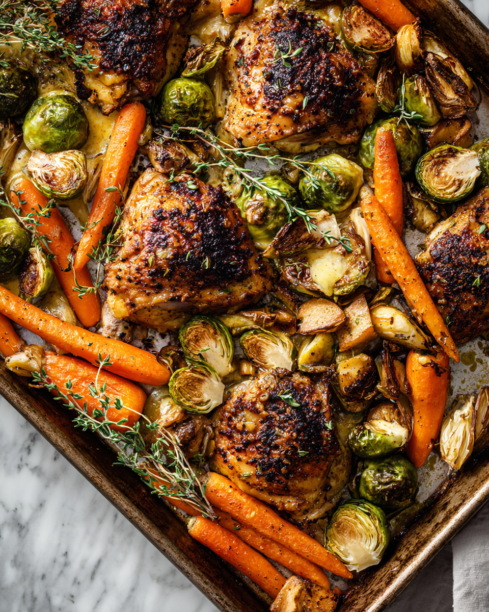 One-pan honey mustard chicken baked with roasted vegetables, perfect for holiday meals. Easy recipe for a cozy dinner.