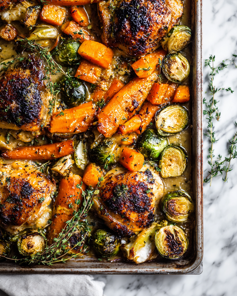 One-pan honey mustard chicken baked with roasted vegetables, perfect for holiday meals. Easy recipe for a cozy dinner.