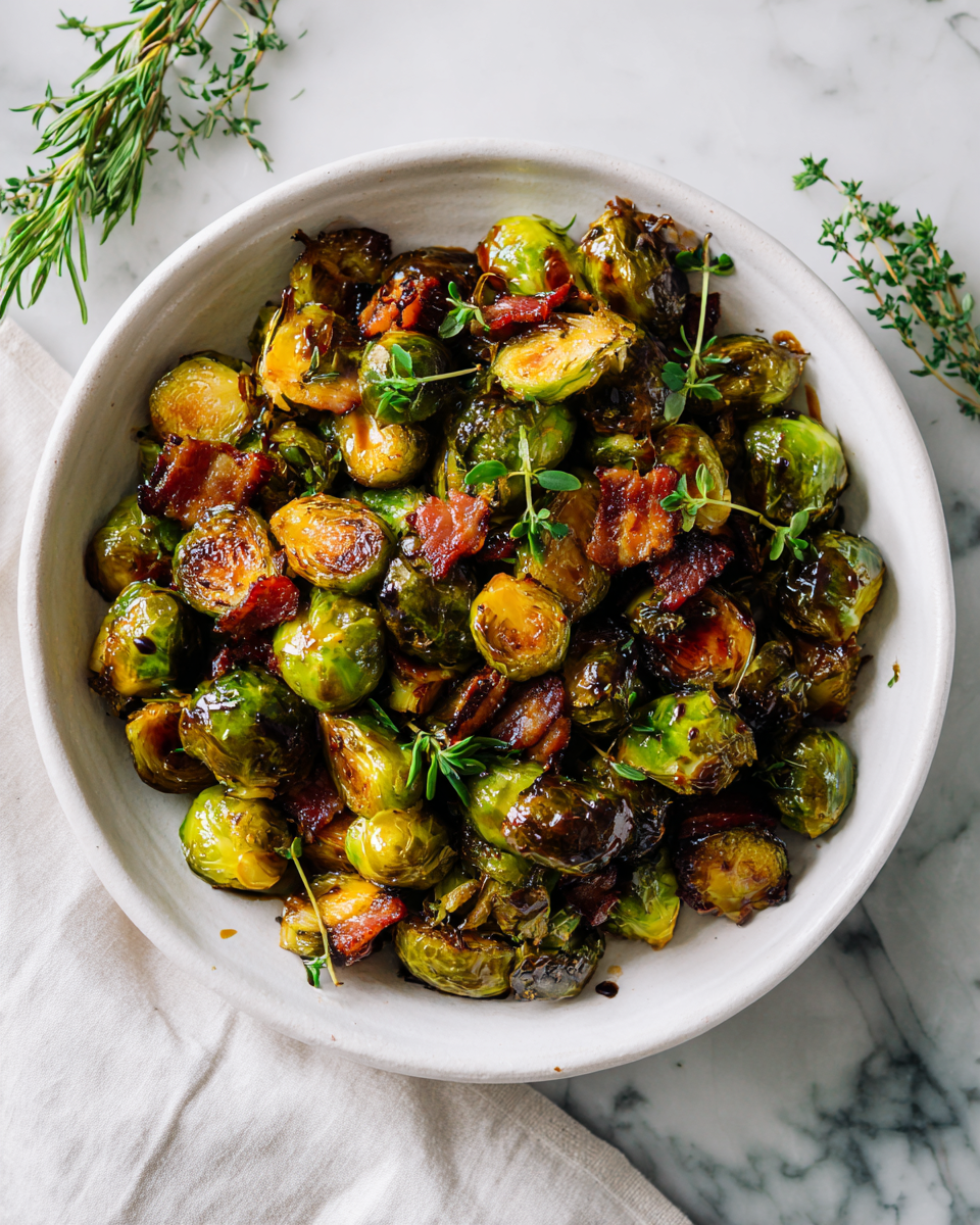 Maple roasted Brussels sprouts with bacon - a delicious, sweet, and savory side dish perfect for holiday gatherings and meals.