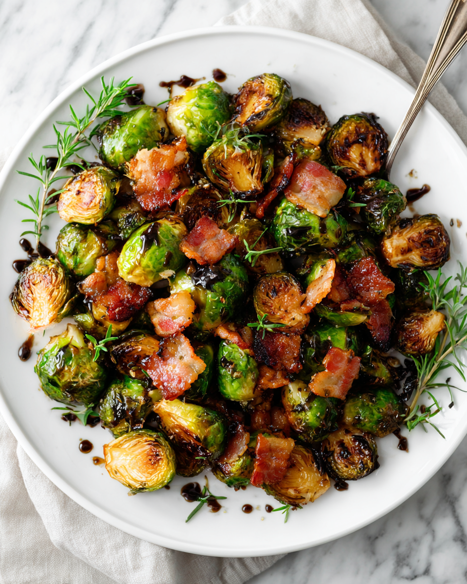 Maple roasted Brussels sprouts with bacon - a delicious, sweet, and savory side dish perfect for holiday gatherings and meals.
