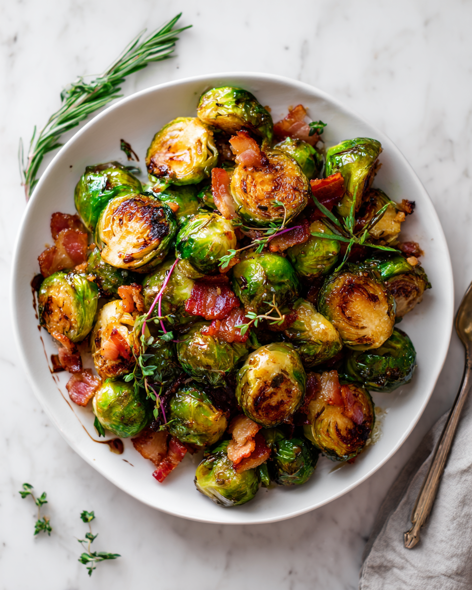 Maple roasted Brussels sprouts with bacon - a delicious, sweet, and savory side dish perfect for holiday gatherings and meals.