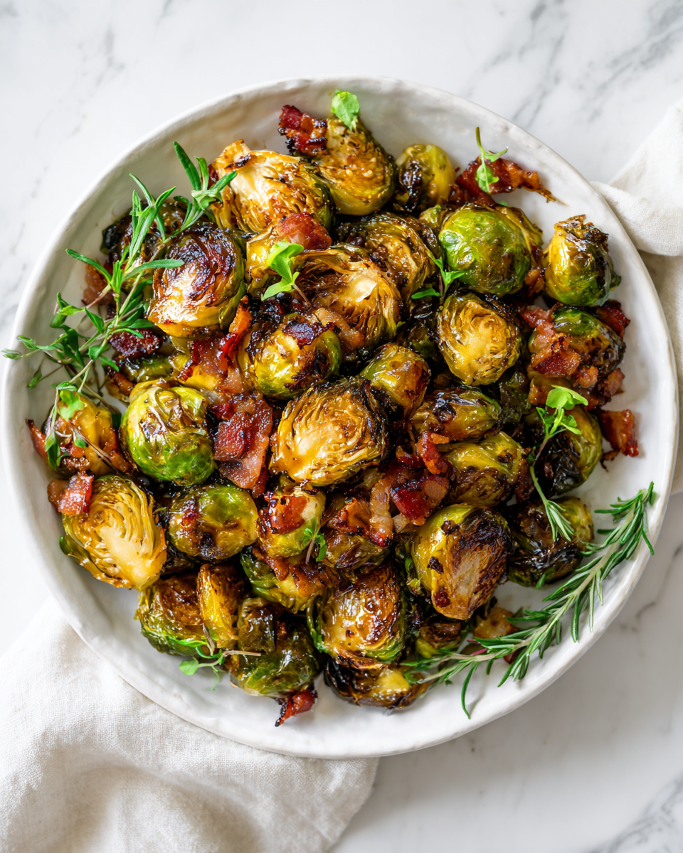 Maple roasted Brussels sprouts with bacon - a delicious, sweet, and savory side dish perfect for holiday gatherings and meals.
