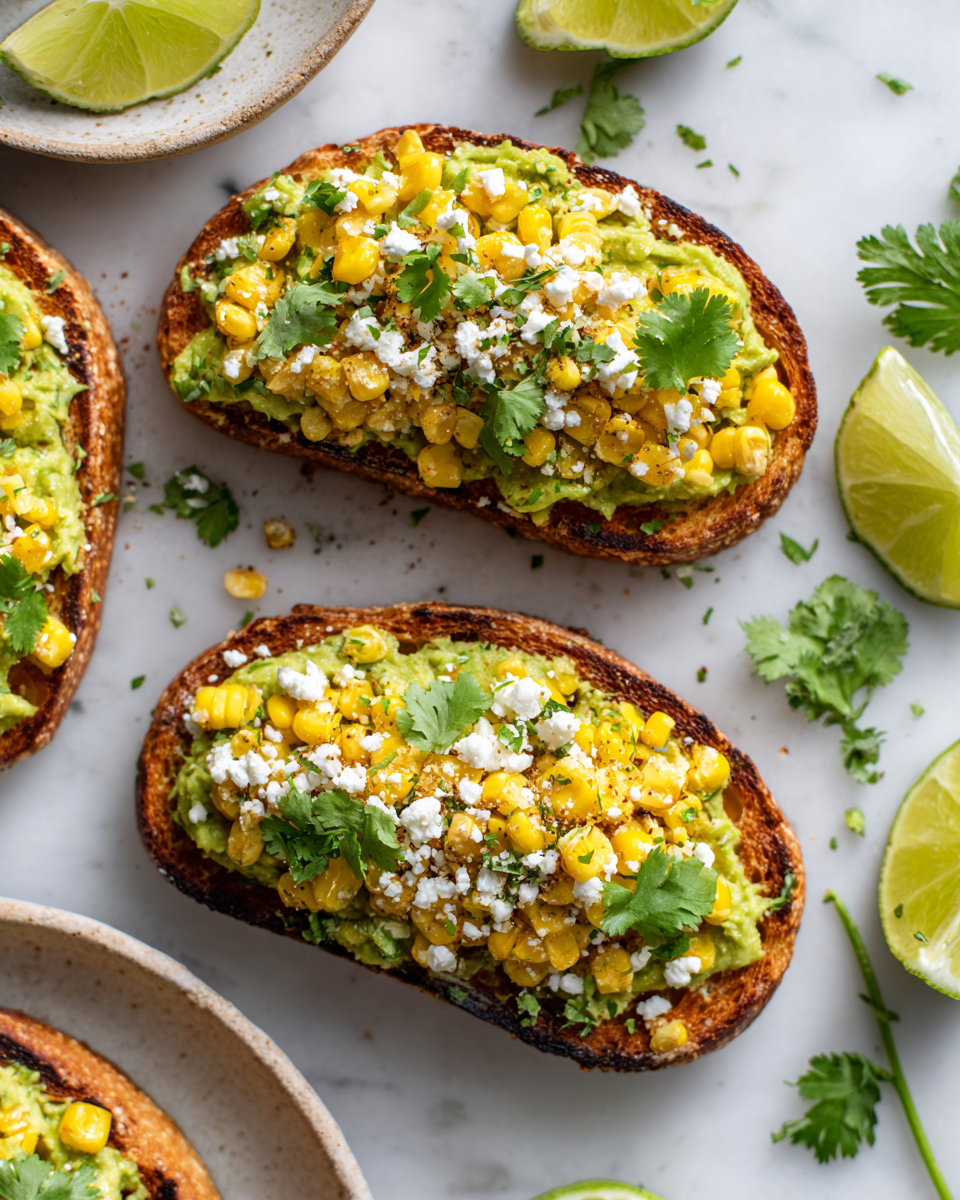A delicious Mexican Street Corn Avocado Toast topped with zesty corn, creamy avocado, and cilantro, perfect for gatherings or light dinners.