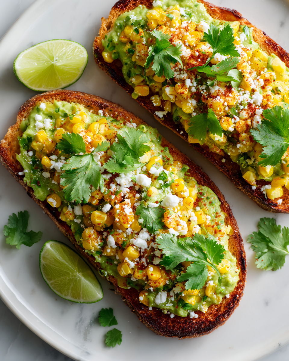 A delicious Mexican Street Corn Avocado Toast topped with zesty corn, creamy avocado, and cilantro, perfect for gatherings or light dinners.
