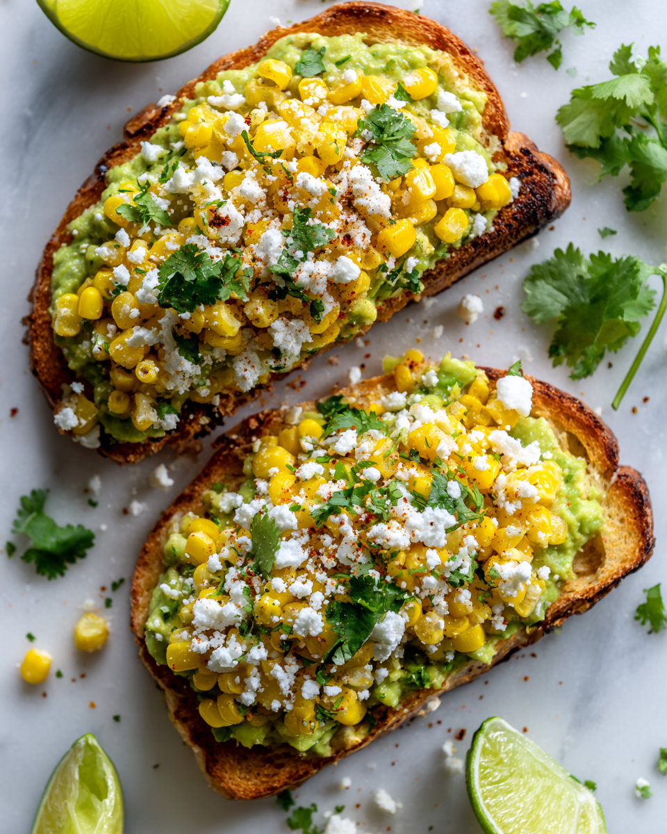 A delicious Mexican Street Corn Avocado Toast topped with zesty corn, creamy avocado, and cilantro, perfect for gatherings or light dinners.