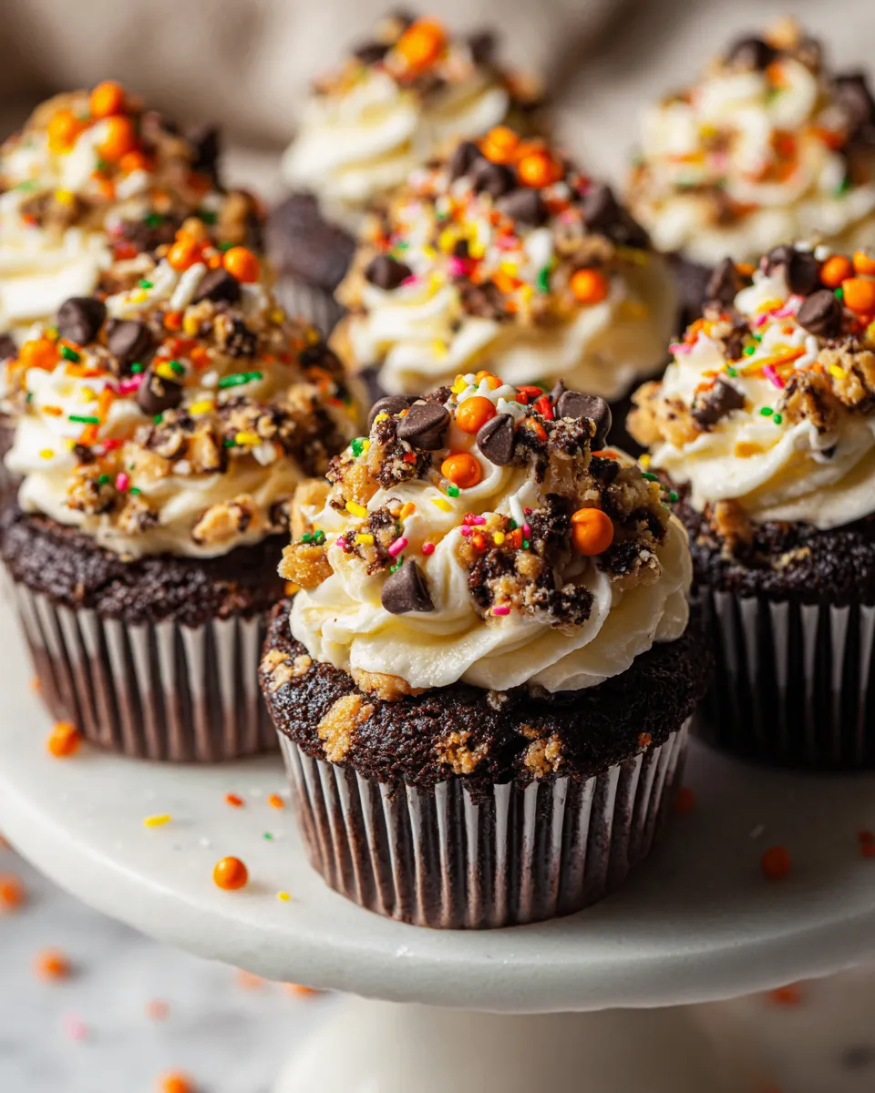 Decadent Monster Cookie Dough Cupcakes with cookie dough filling and chocolate frosting, ideal for festive treats and celebrations.