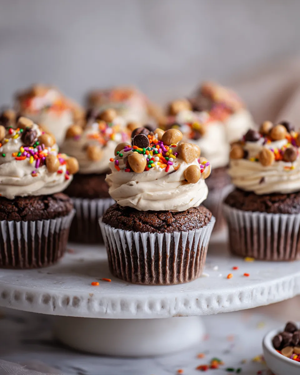 Decadent Monster Cookie Dough Cupcakes with cookie dough filling and chocolate frosting, ideal for festive treats and celebrations.