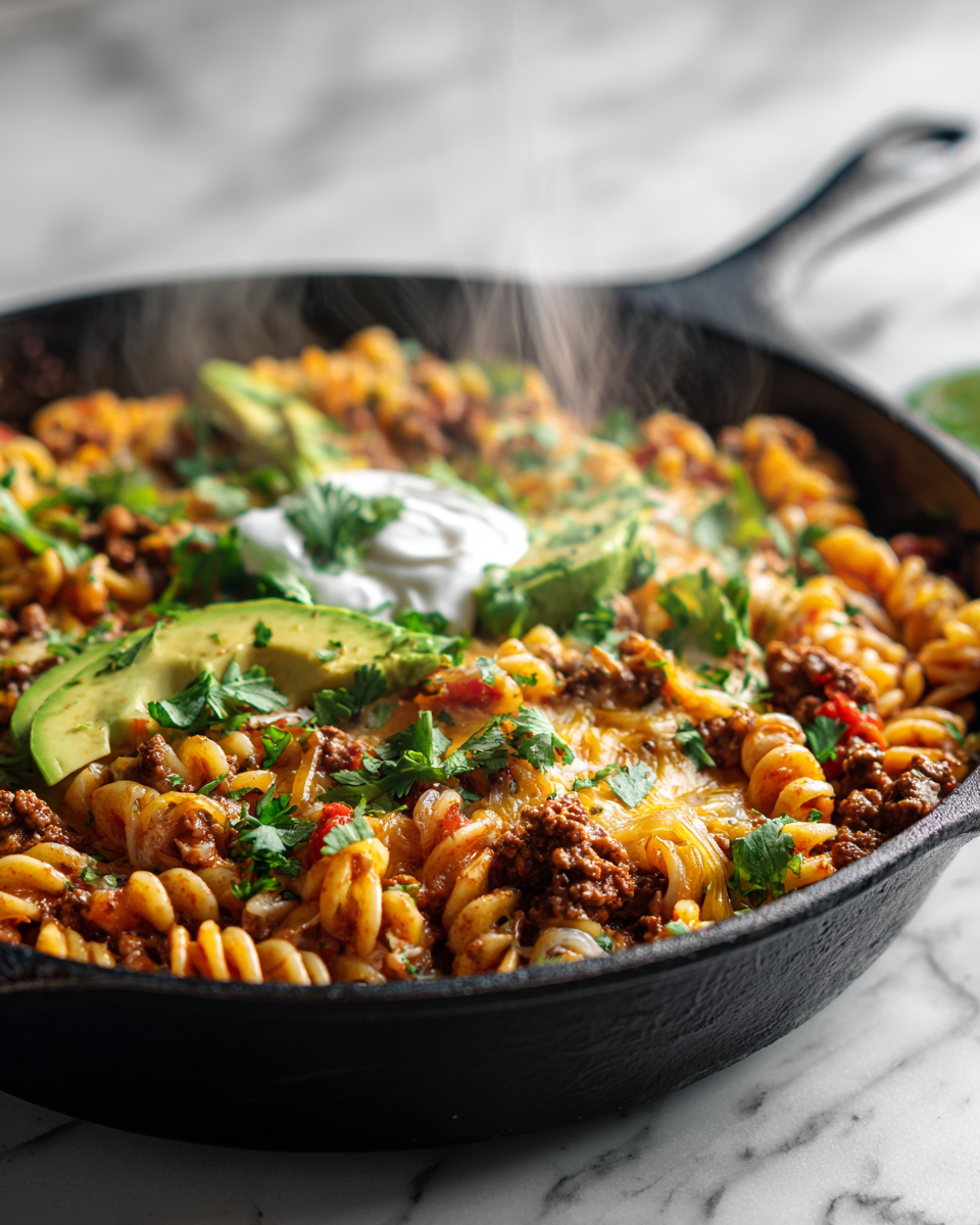 One Pot Beef Taco Pasta recipe with savory beef and pasta, perfect fall comfort food in one pot