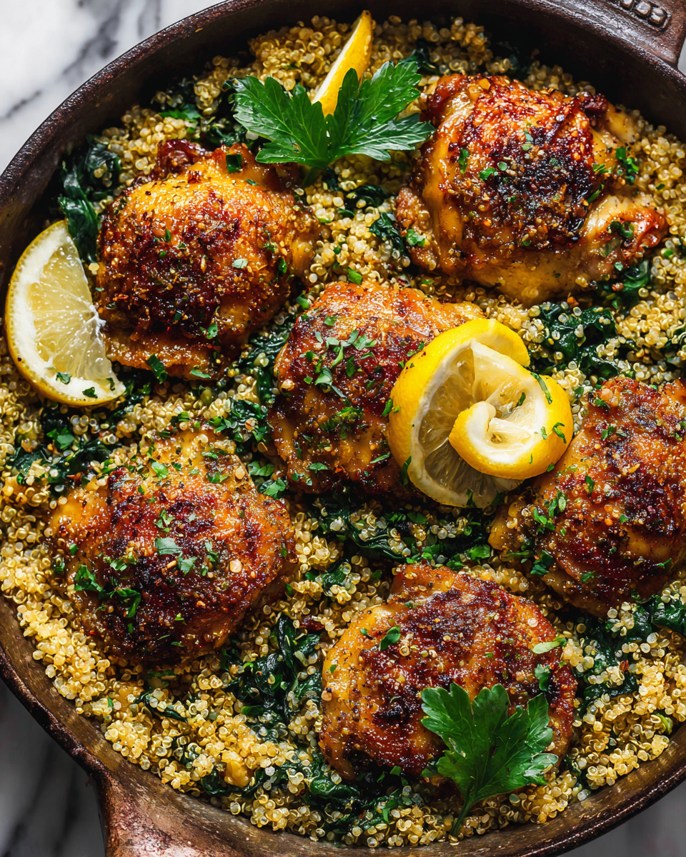 One-Pot Garlic Butter Chicken and Quinoa dish with spinach, chicken, and quinoa served in a cast-iron skillet, ideal for cozy meals.