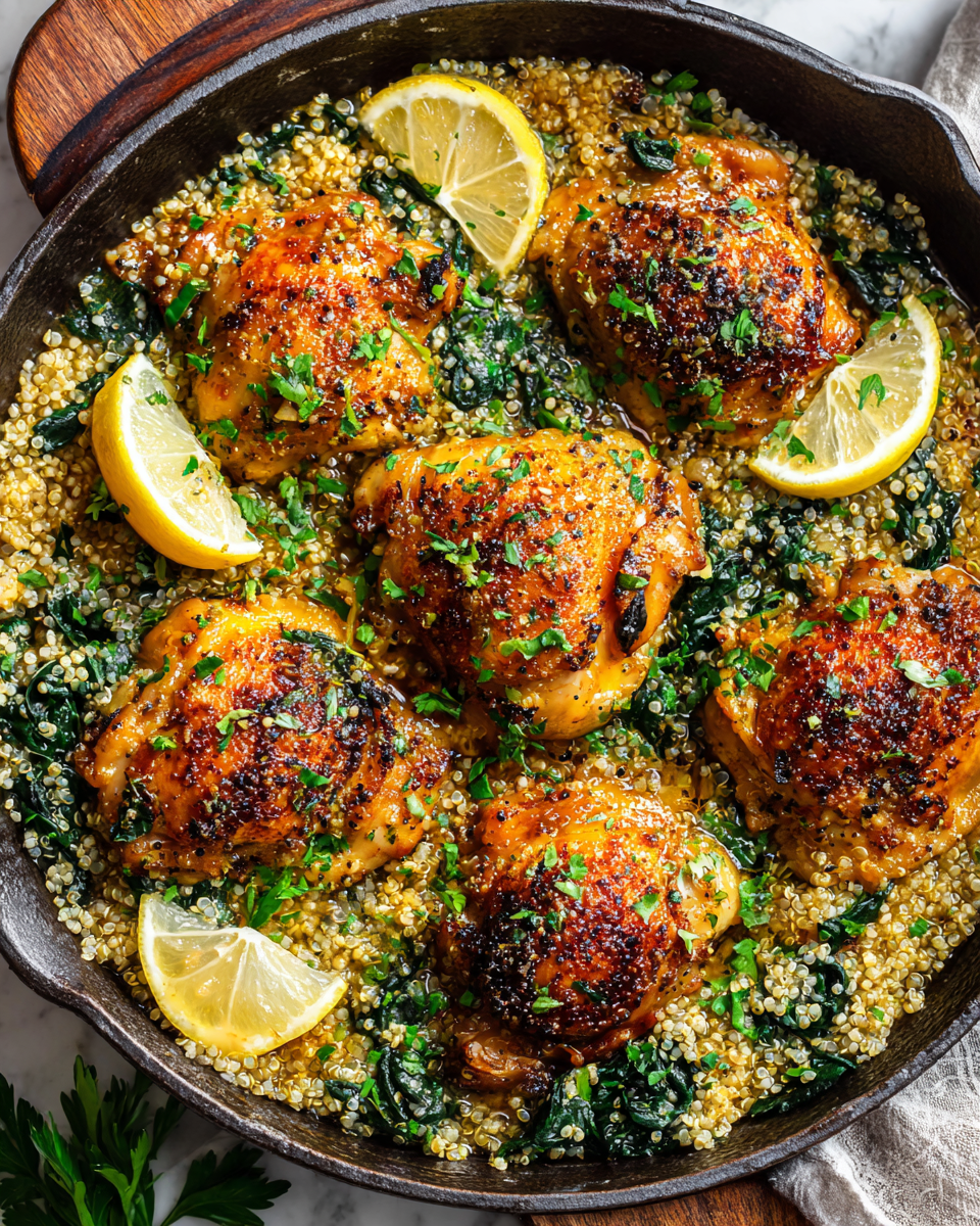 One-Pot Garlic Butter Chicken and Quinoa dish with spinach, chicken, and quinoa served in a cast-iron skillet, ideal for cozy meals.