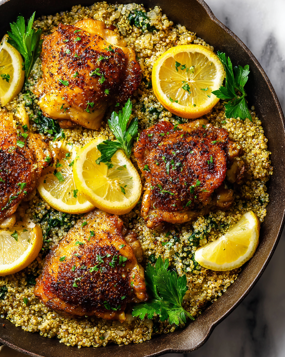 One-Pot Garlic Butter Chicken and Quinoa dish with spinach, chicken, and quinoa served in a cast-iron skillet, ideal for cozy meals.