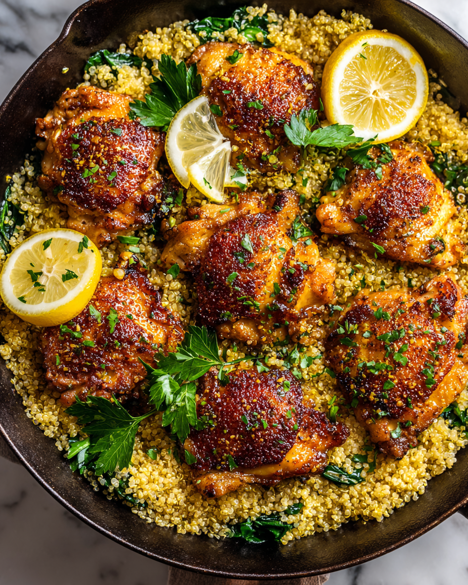 One-Pot Garlic Butter Chicken and Quinoa dish with spinach, chicken, and quinoa served in a cast-iron skillet, ideal for cozy meals.