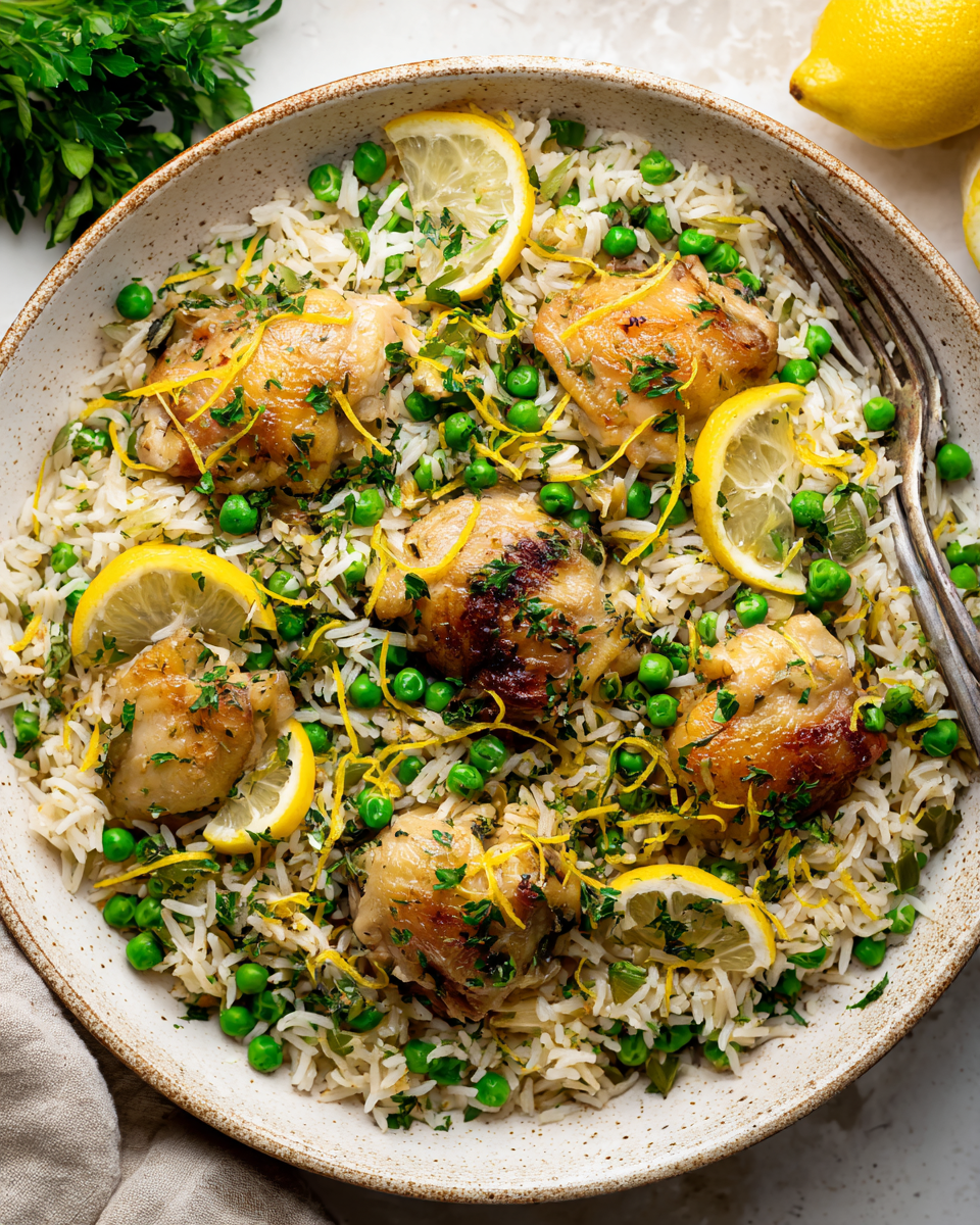 One-Pot Lemon Herb Chicken and Rice, a comforting dish with chicken thighs, rice, and vibrant vegetables for fall gatherings.
