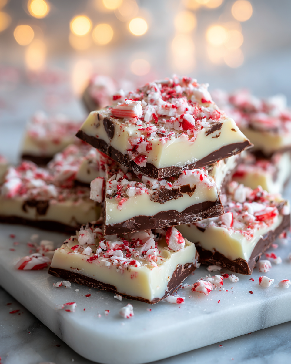 No-bake peppermint bark with chocolate and candy cane topping, a festive holiday treat perfect for gifting and gatherings