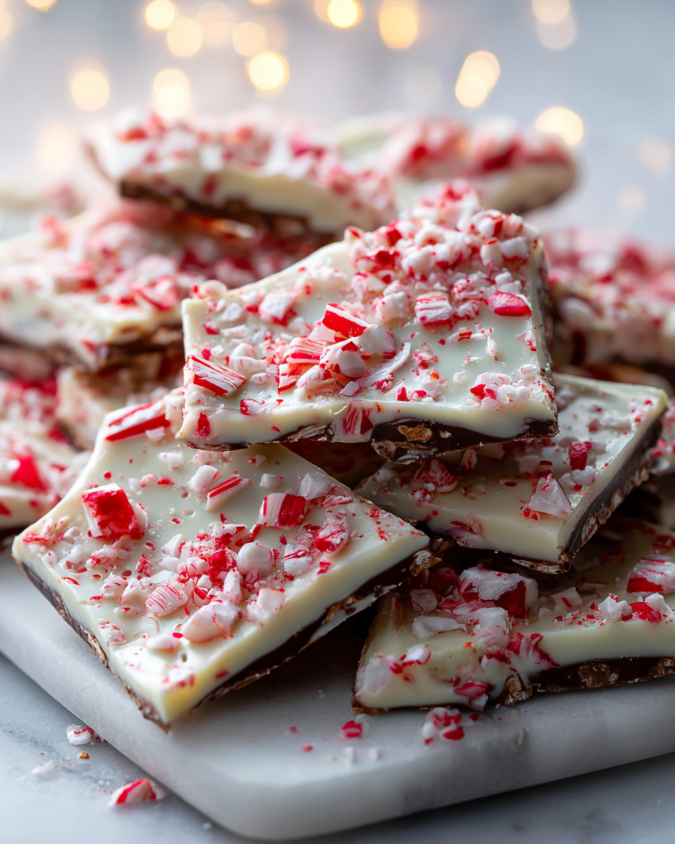 No-bake peppermint bark with chocolate and candy cane topping, a festive holiday treat perfect for gifting and gatherings
