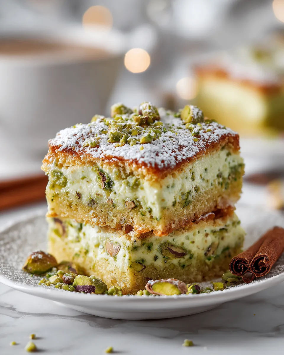 Pistachio cream bars topped with chopped pistachios, perfect holiday dessert, creamy texture, easy recipe for festive gatherings.