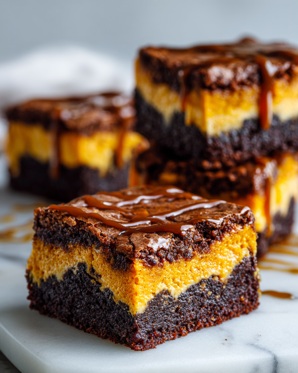 Pumpkin cheesecake brownies with chocolate and pumpkin layers, perfect for fall desserts